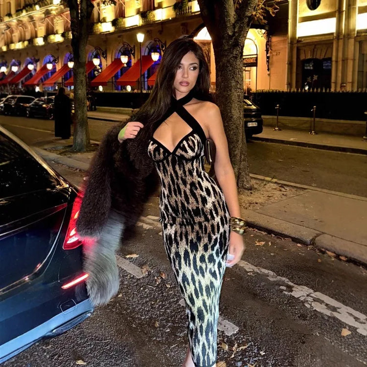 2026 Summer Fashion New Women's Elegant Design Leopard Pattern Dress Slimming Bag Hip Hanging Neck Hanging Long Dress