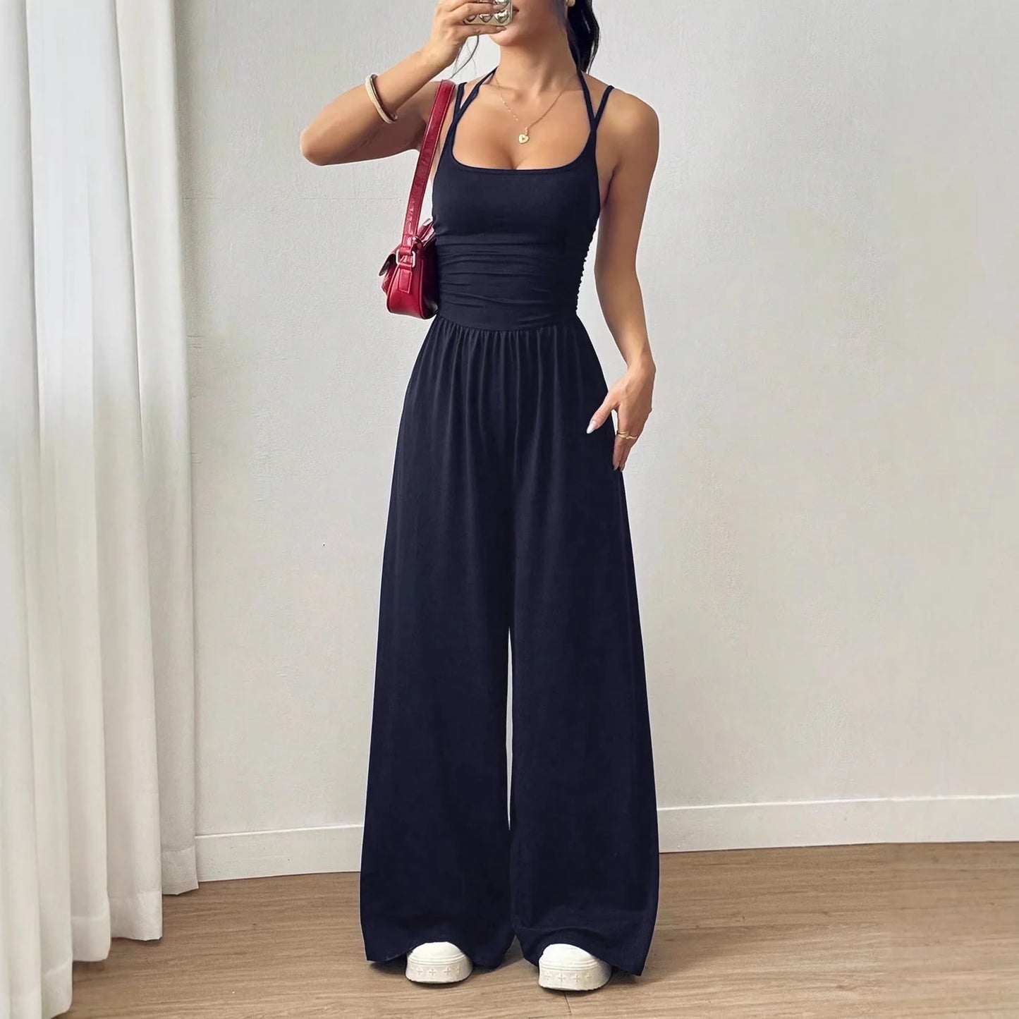 Women's Casual Summer Wide Leg Jumpsuit Strap Wrap Chest Waist Cinched One-Piece Suit Comfortable Loose Fit Overall Dress