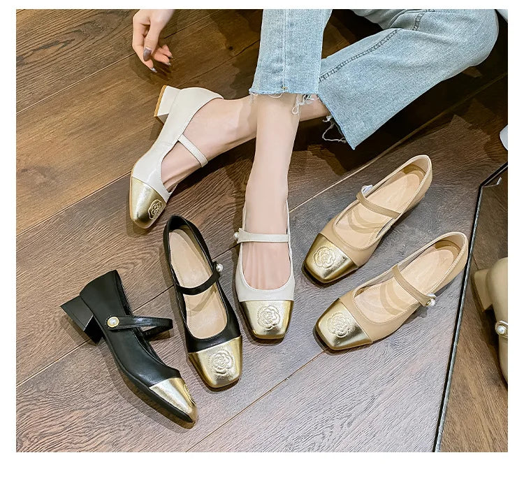 Fashion Mary Jane Women's Shoes 3cm Wide Heel Pumps Embroidered Flowers Pearl Buckle Strap Mary Jane Shoes Luxury Leather Heels