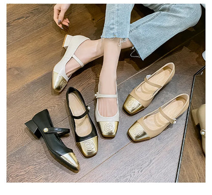 Fashion Mary Jane Women's Shoes 3cm Wide Heel Pumps Embroidered Flowers Pearl Buckle Strap Mary Jane Shoes Luxury Leather Heels