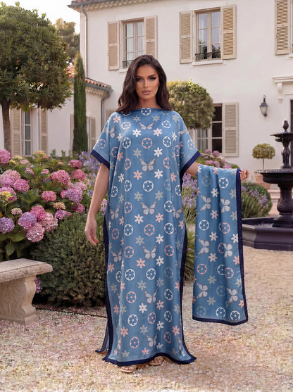Boho Butterfly Flower Geometric Print Satin Abaya Scarf Set, Loose Batwing Maxi Kaftan For Muslim Women Beach Vacation Wear
