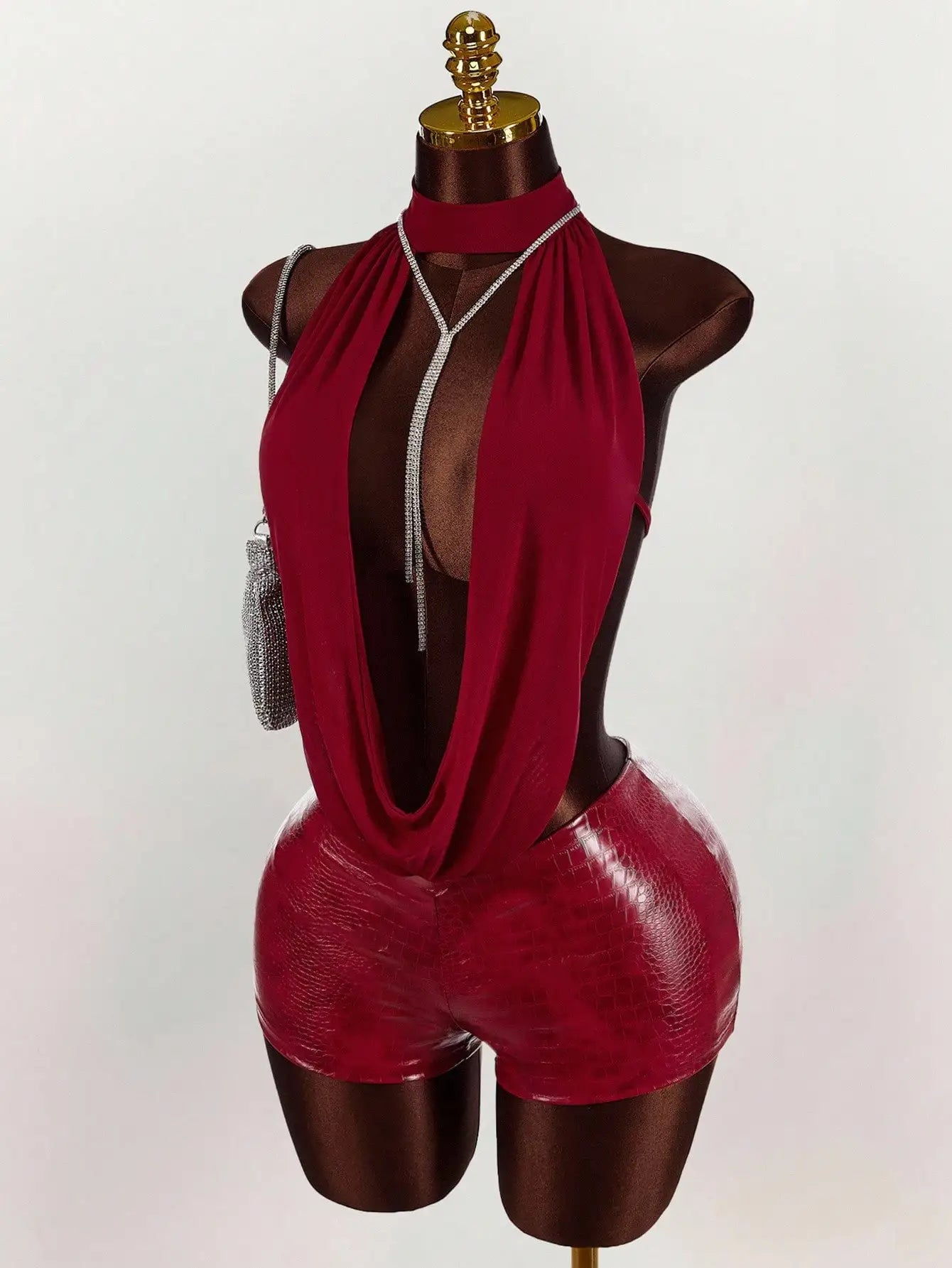 Women's Solid-Color Mesh Halter Top and Leather Jumpsuit
