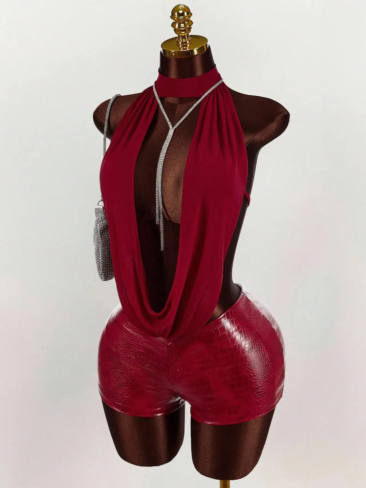 Women's Solid-Color Mesh Halter Top and Leather Jumpsuit