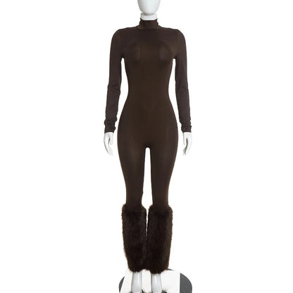 FLARORA Sexy Faux Fur Patchwork Jumpsuits Woman Turtleneck Full Sleeve Skinny Peach Hip Jumpsuit Midnight Party Club Overalls