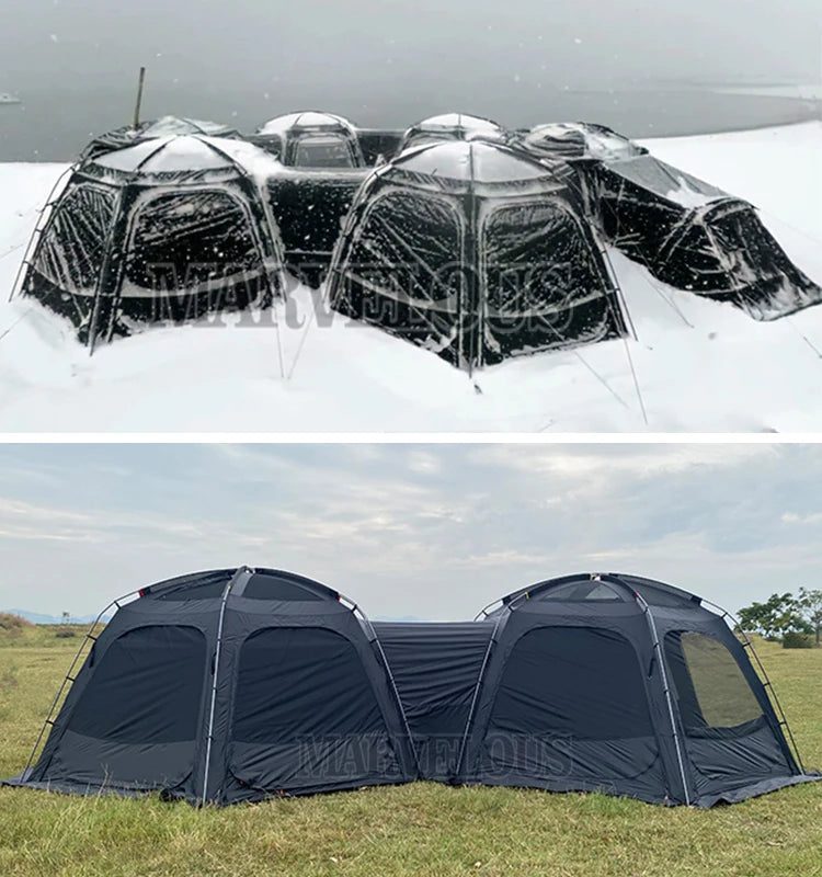Hot Selling Large Connectable Big Family Camping Tent Dia. 460cm Geodesic Dome Tent with Modular Pod Tent Design 5 Bedrooms