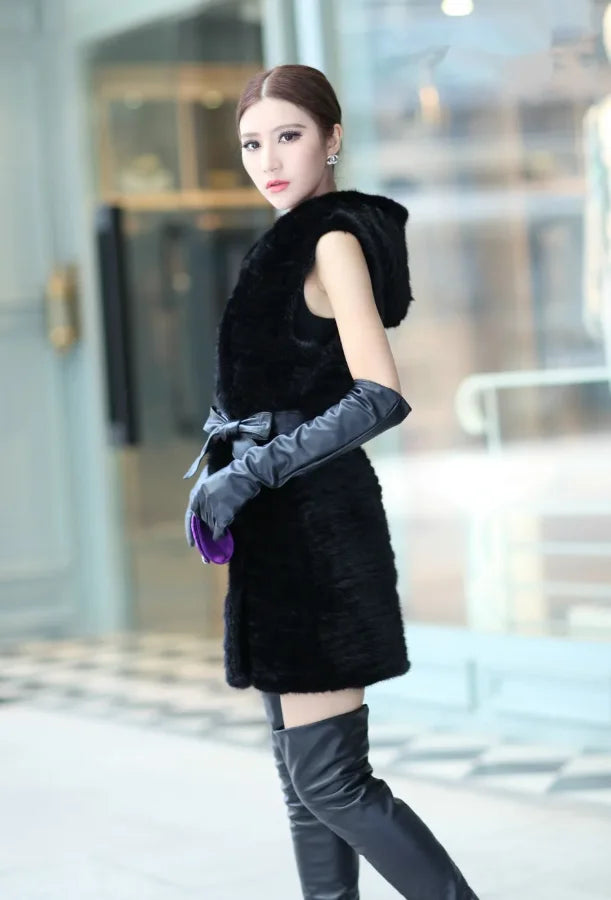 winter ladies fur vest genuine mink fur knitted warm outerwear with hood and belt  80cm long gray black autumn waistcoat