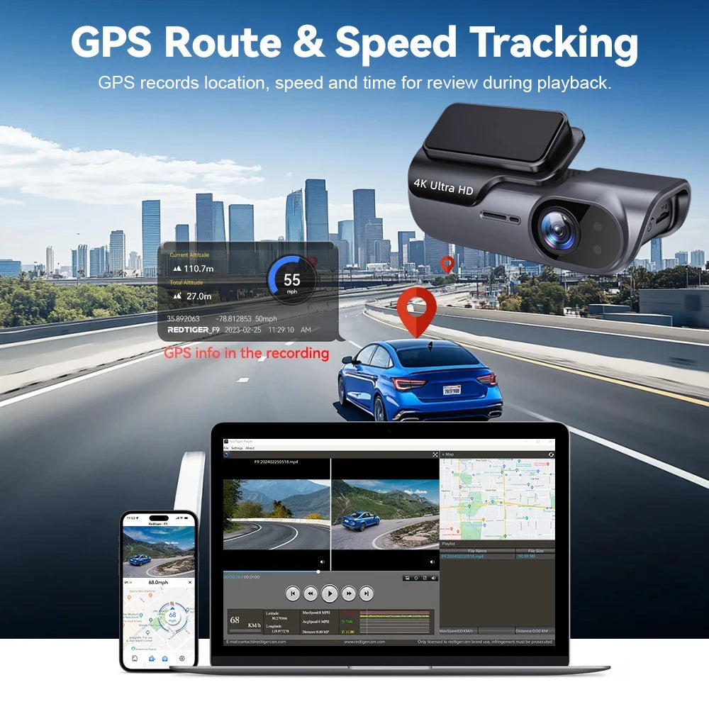 4K UHD Car Dash Camera DVR Night Vision Video Recorder with GPS Wi-Fi 24H Parking Monitoring Support for Vehicle Safety