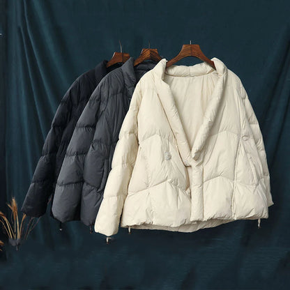 Schinteon Women Japanese Style Jacket Over Size White Duck Down Coat Loose Warm Autumn Winter Casual Outwear Top Quality