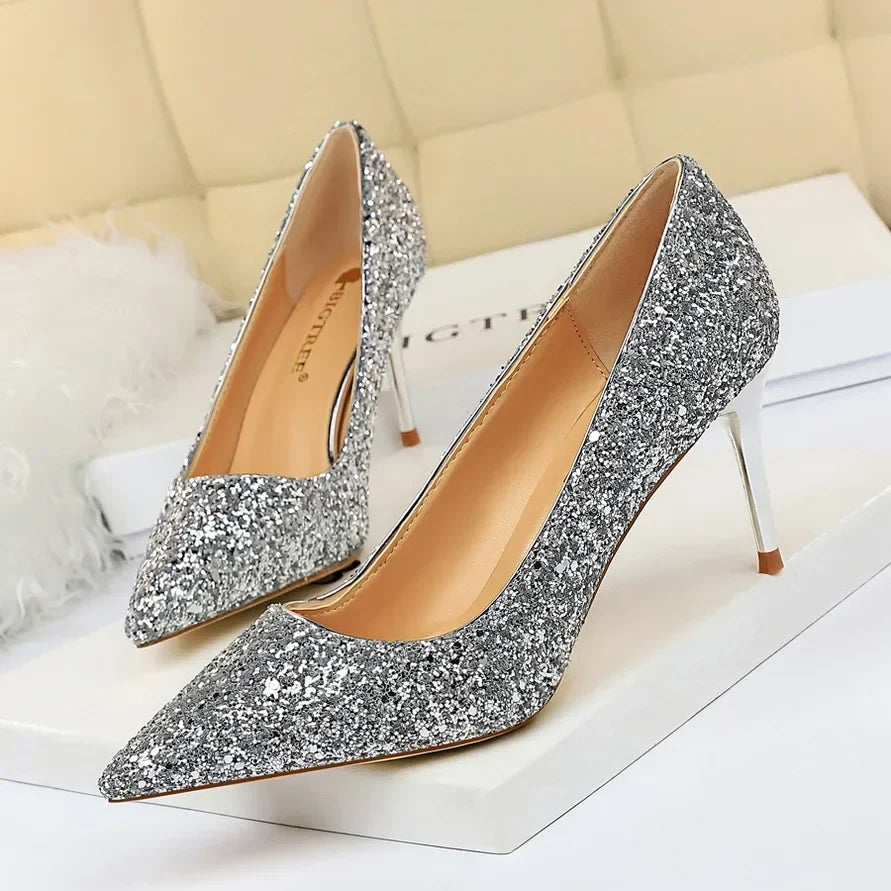 Women Luxury Bling Red  Blue Valentine Party Scarpins Pumps Lady Glitter Sequins 7cm 9.5cm High Heels Designer Shoes Plus Size