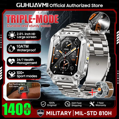 2026 New Military outdoor 1400mAh Battery SmartWatch Men Waterproof Call 2.01" HD AMOLED Sports Heart rate Flashlight Smart Band