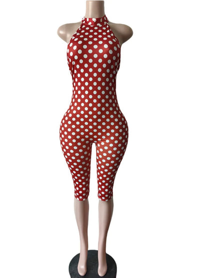 Beyprern Vintage Polka Dot Print Skinny One Piece Jumpsuit Women Sexy Halter Neck Sleeveless Bodycon Playsuit Elegant Streetwear