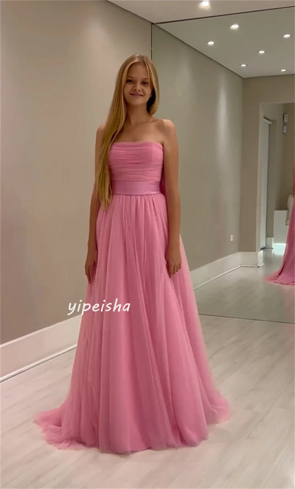 Customized Net Draped Sash Bow Graduation A-line Strapless Bespoke Occasion Gown Long Dresses