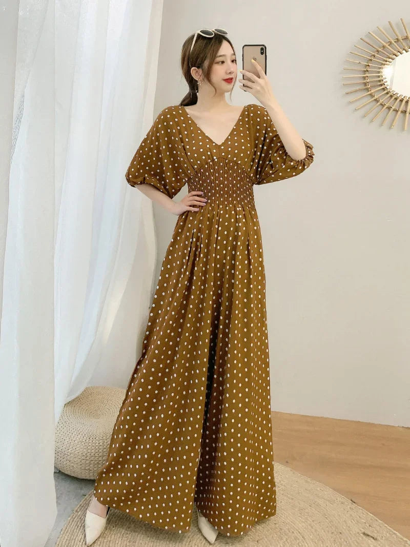 Jumpsuit Women Summer New Temperament Polka Dot V-neck High Waist Casual Wide Leg Jumpsuit Elegant Party One Piece Jumpsuits