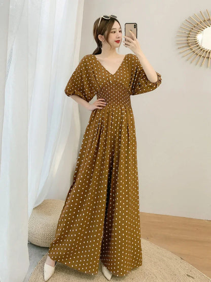 Jumpsuit Women Summer New Temperament Polka Dot V-neck High Waist Casual Wide Leg Jumpsuit Elegant Party One Piece Jumpsuits