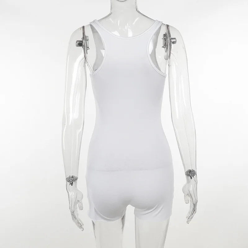 Letter Print Catsuit White One Piece Romper Women Jumpsuit Tank Top Short Playsuit Bodycon Ropa De Mujer Summer Outfits Bodysuit