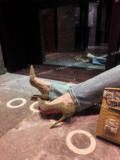 High Heels Women 2025 Spring New gold Sexy Pointy French Thin With Single Shoes Women Crystal Wedding Shoes Women Red Sole Shoe