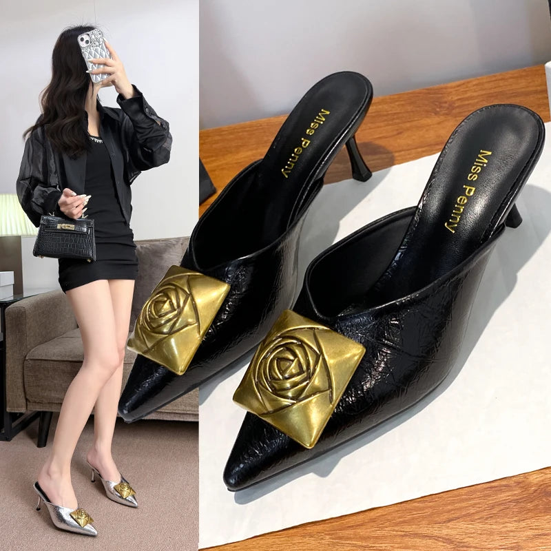 Women High Heels Slippers Summer New Luxury Fashion Gold Flower Decoration Modren Sandals Ladies Pointed Toe Mules Shoes Slides