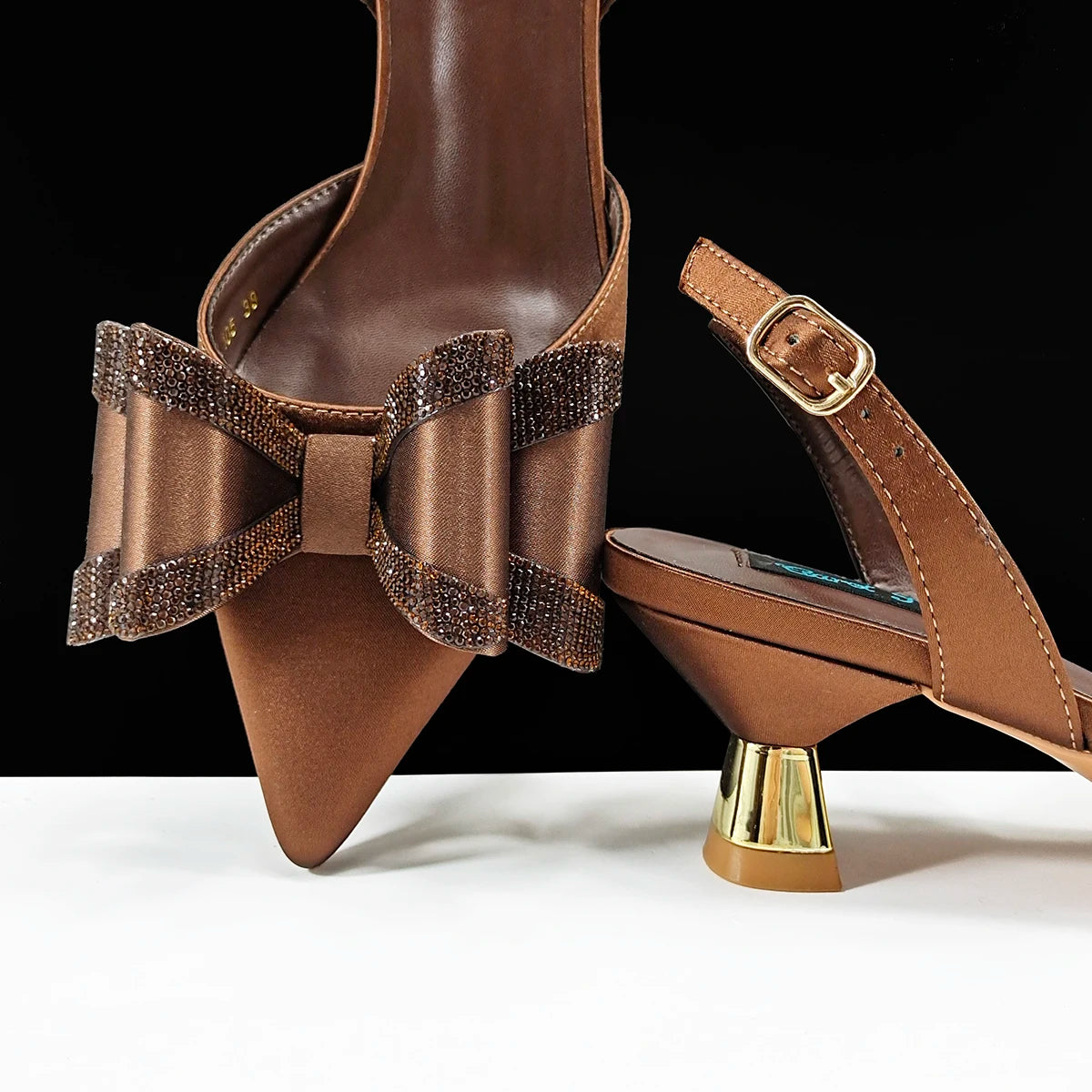 Queena Yan Hot Selling Fashion Mature Coffee Color Butter-fly Design Pointed Toe High Heel Party Wedding Lady Shoes and Bag Set
