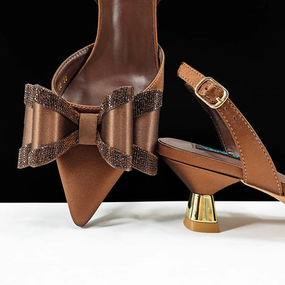 Queena Yan Hot Selling Fashion Mature Coffee Color Butter-fly Design Pointed Toe High Heel Party Wedding Lady Shoes and Bag Set