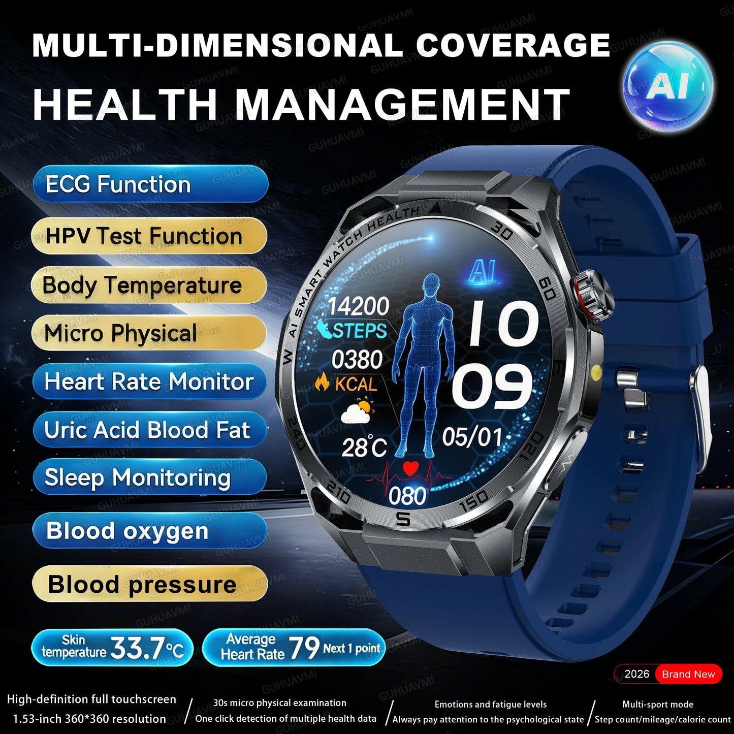 2026 New ECG+PPG Body Fat Analysis Health Smart Watch Uric Acid BP Blood Oxygen Bluetooth call Sports Smart Watch For Men Women