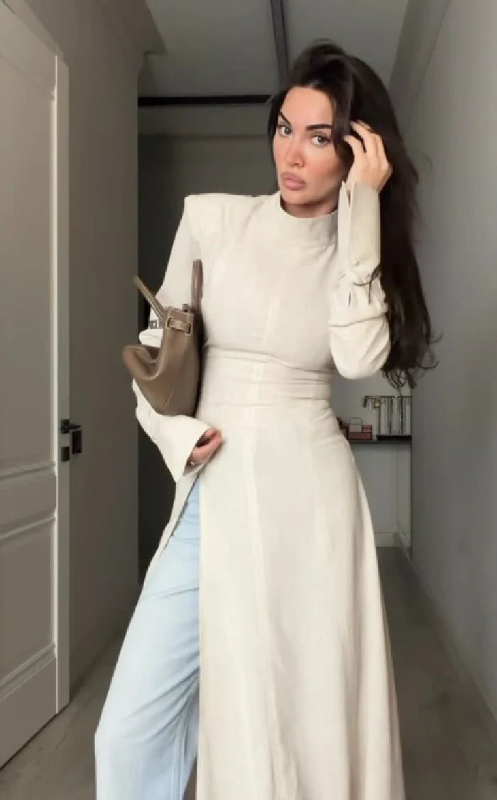 Women's Casual High Neck Long Sleeve Maxi Dress Elegant Waist Slimming Slit Hem Unique Wear Chic Lady Formal Work Meeting Outfit