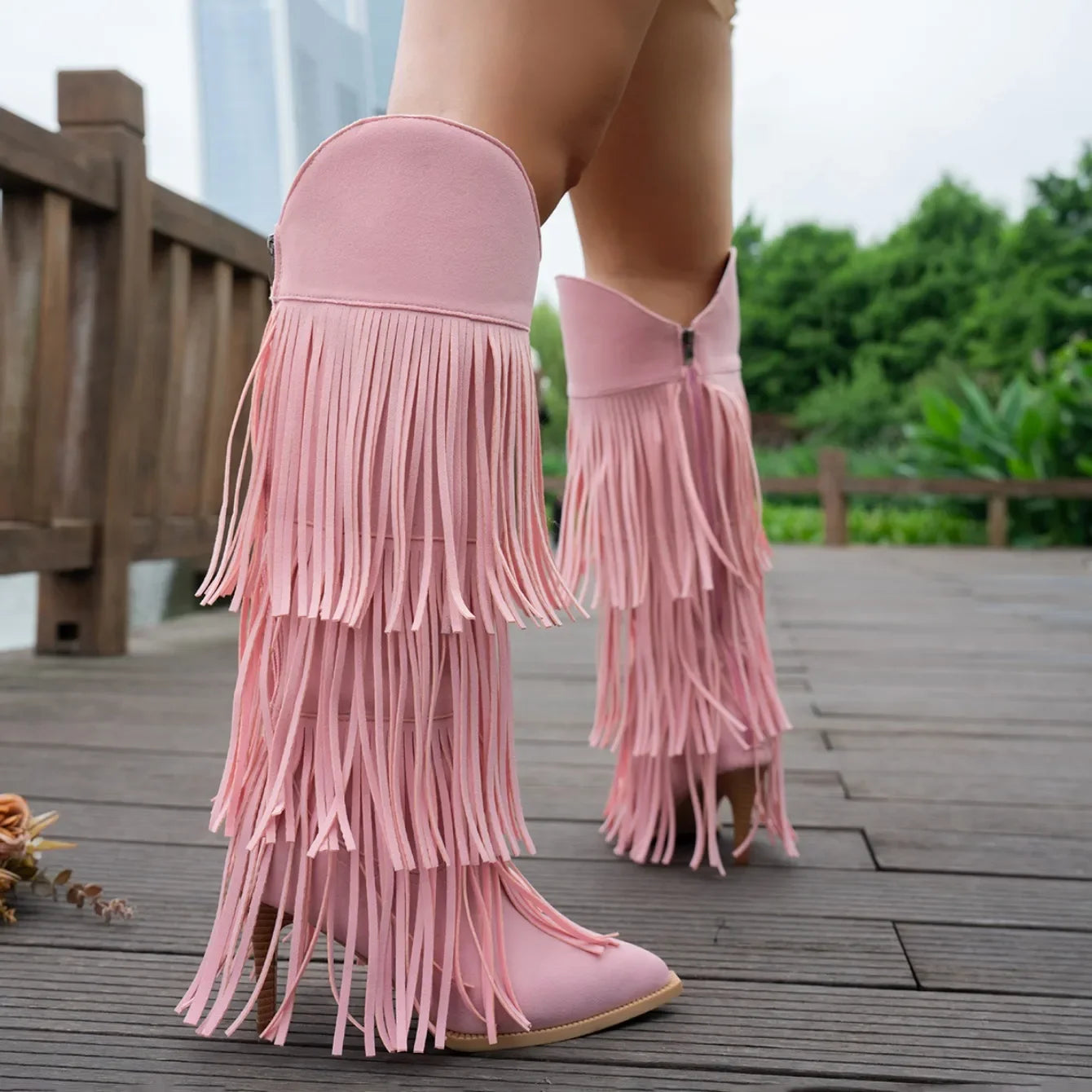 Women Boots Tassel Pointed Toe Thin Heels Women's Boots Suede Multi Fringe Knee High Boots Street-Style Party Fashion Shoes