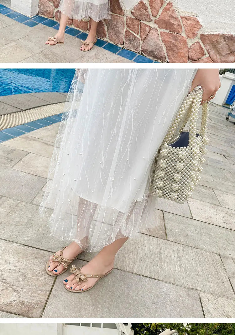 Summer Slippers Women Fashion Flip Flops Luxury Designer Female Beach Rivet Big Bow Flat Sandals Girls Jelly Shoes
