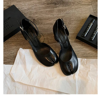Modern Heels Pumps Women Round High Heel Leather Square Split Toe Pumps Shoes Spring Summer Sandals Mary Janes Shoes Heels Women