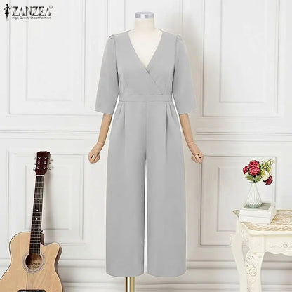 ZANZEA OL Work Party Women Jumpsuits Solid Color Summer 3/4 Sleeve Sevy V Neck Rompers Solid Playsuits Wide Leg Pants Streetwear
