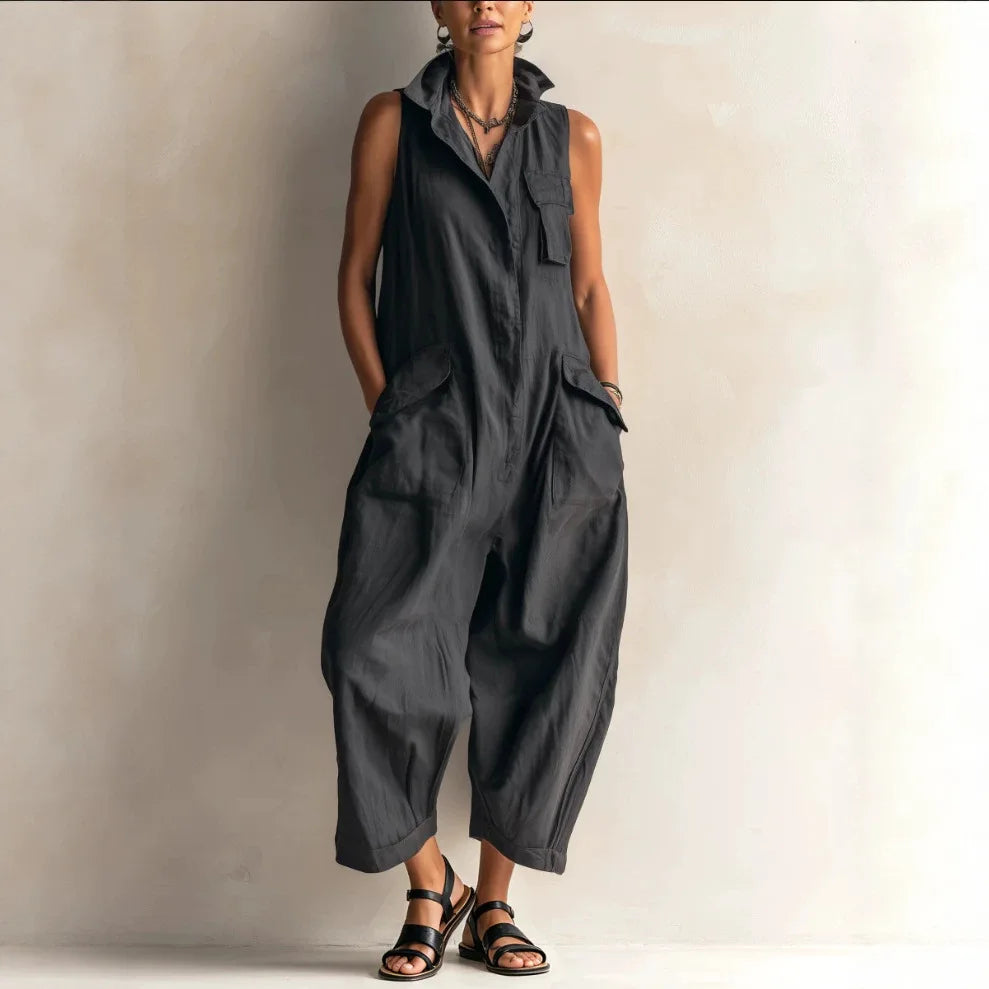 Jumpsuits Women Rompers Summer Fashion Sleeveless Lapel Loose Comfortable Solid Pocket Vacation Casual Jumpsuits Womens Clothing