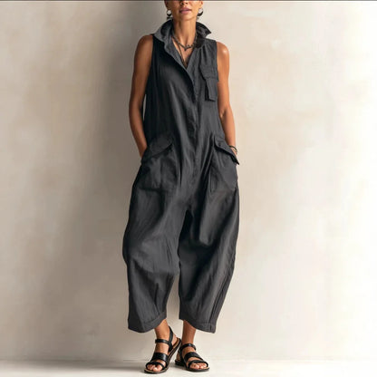 Jumpsuits Women Rompers Summer Fashion Sleeveless Lapel Loose Comfortable Solid Pocket Vacation Casual Jumpsuits Womens Clothing