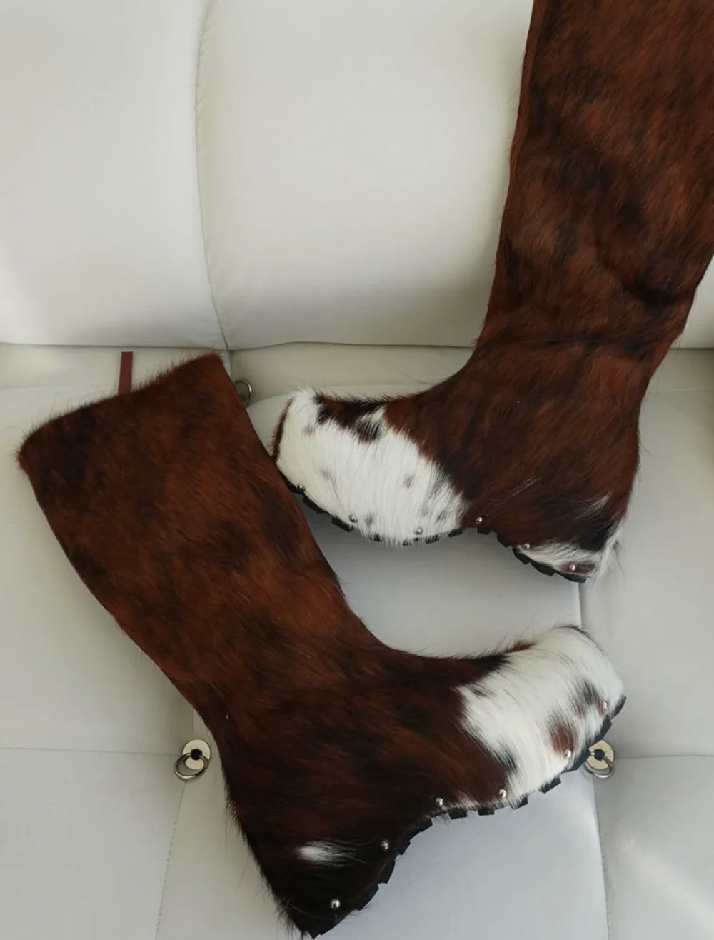 Western Style Side Zip Closure Print Tall Boots Brown White Cow Knee High Boots Metal Rivets Round-Toe Height-Increasing Design