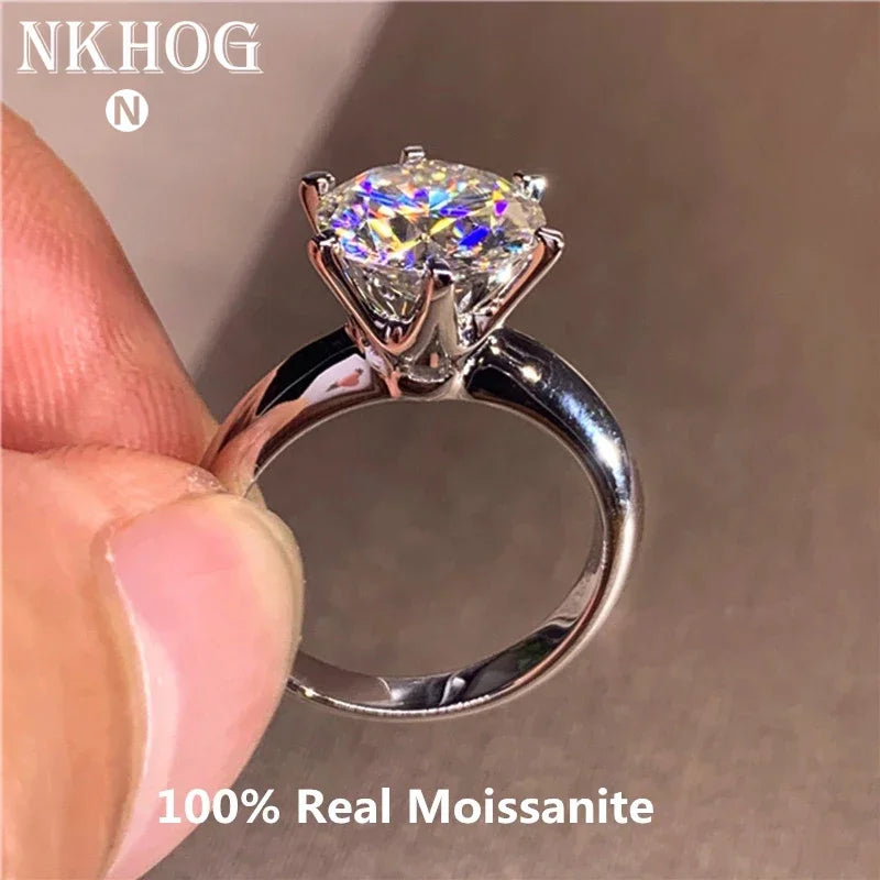 Classic 6 Prongs 5 Carat Round Moissanite Rings 925 Sterling Silver High Clarity D Color Diamond Woman 14K Gold Plated Jewelry