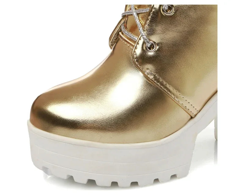 British Silver Gold Ankle Boots Women High Chunky Heels Dress Lady Round Toe Lace-up Spring Autumn Vintage Platform Short Boots