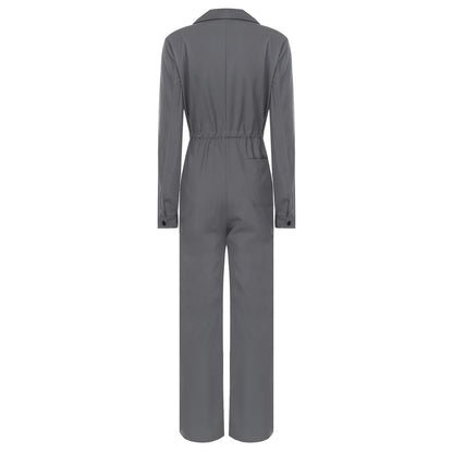 Womens Fashion Work Coverall Rompers Casual Solid Color Turn-Down Collar Long Sleeve Button Jumpsuit Travel Holiday Cargo Pants