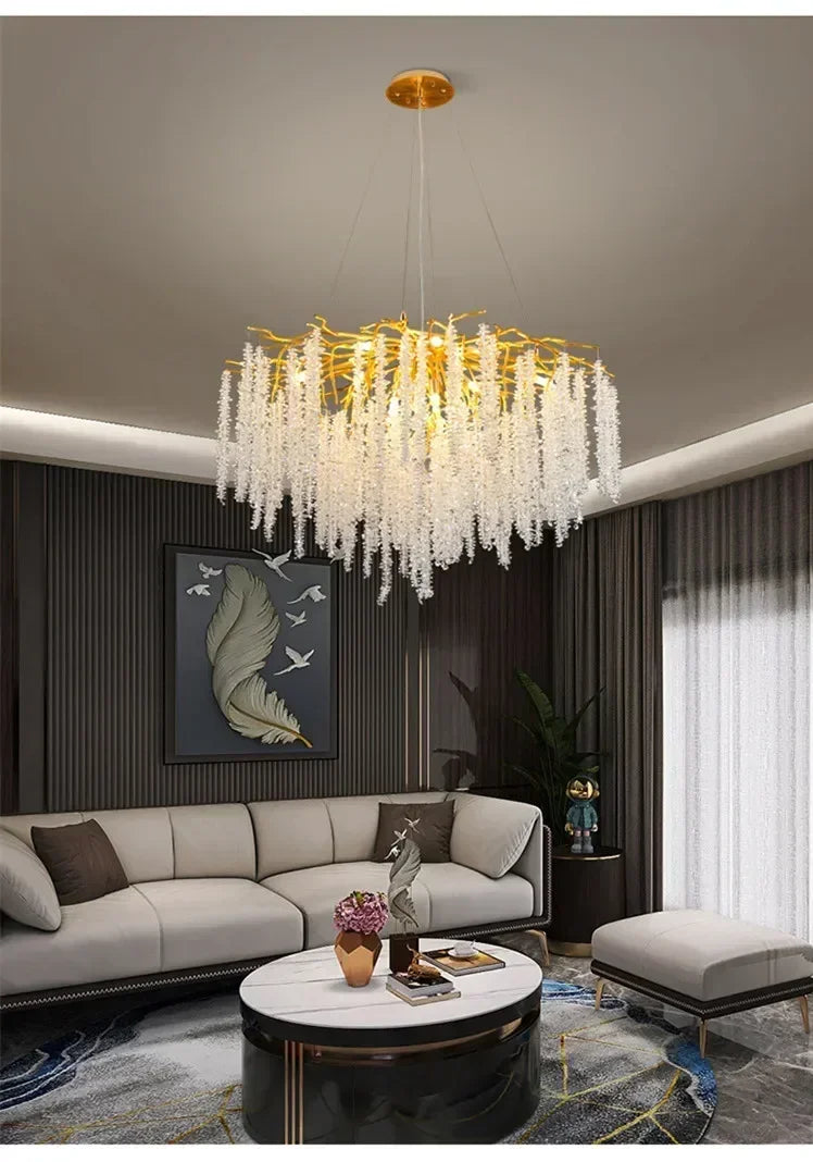 Modern Luxury Gold Branch Tassel Crystal LED Pendant Light Dining Room Living Room Indoor Home Decoration Atmosphere Fixtures