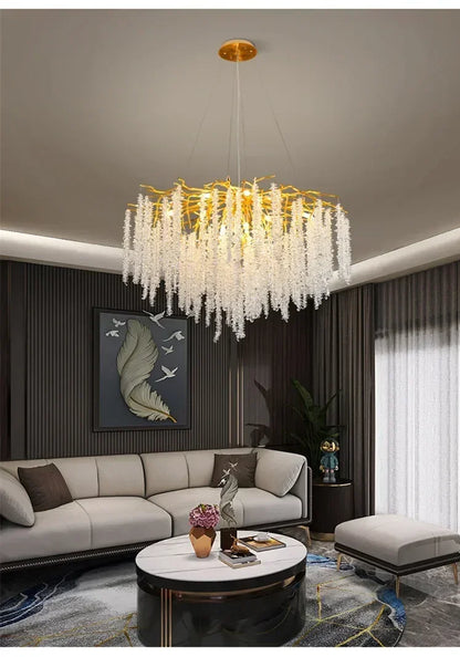 Modern Luxury Gold Branch Tassel Crystal LED Pendant Light Dining Room Living Room Indoor Home Decoration Atmosphere Fixtures