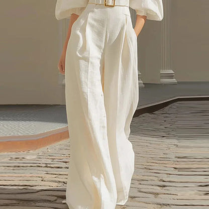 Elegant Jumpsuit Women's V Neck Puff Sleeve Belt Free Wide Leg Casual Rompers Workplace Urban Commuting Business Sexy Jumpsuites