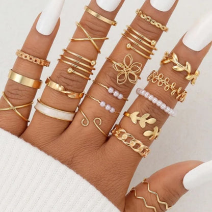 Boho Gold Color Rings Set For Women Fashion Cubic Zircon Heart Star Moon Flower Finger Rings Female Simple Trendy Jewelry Gifts