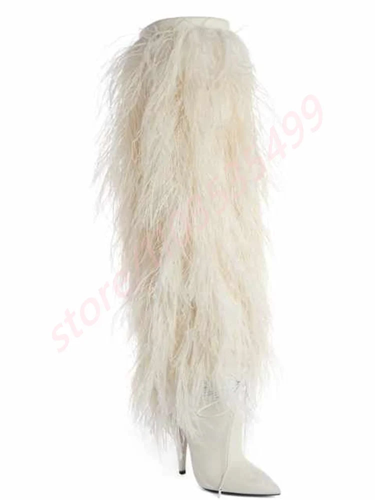 2025 Winter Black Sexy Ladies Catwalk Fur Boots Fashion Street Model Soft Fur Knee-High Stage Boots Pointed Warm Stiletto Boots