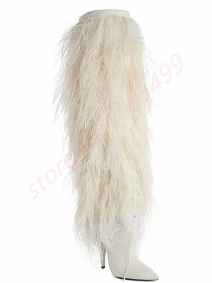 2025 Winter Black Sexy Ladies Catwalk Fur Boots Fashion Street Model Soft Fur Knee-High Stage Boots Pointed Warm Stiletto Boots