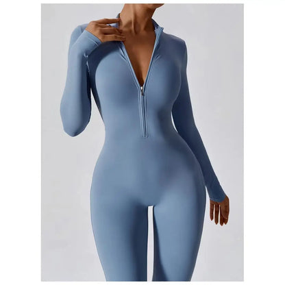 2025 Spring Women's One-piece Yoga Jumpsuit Sporty Long-sleeved Thin Ski Overalls Outerwear Cycling Bodysuit Zipper Ladies