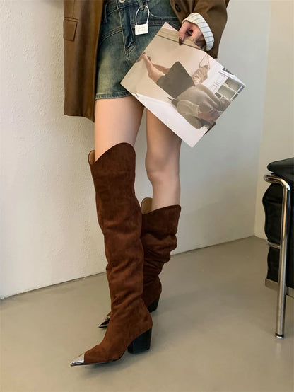 ZAROY Punk Metal Pointed Toe Knee High Boots Women Winter Retro Leopard Print Square Low Heels Pleated Western Cowboy Long Botas