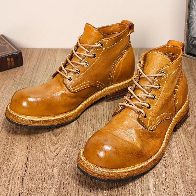 Men's Genuine Leather Goodyear-Boots Retro Work Dress Shoes Washed Horse Leather Casual Men's Shoes