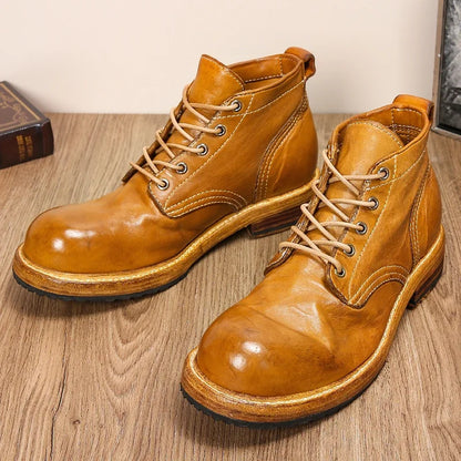 Men's Genuine Leather Goodyear-Boots Retro Work Dress Shoes Washed Horse Leather Casual Men's Shoes