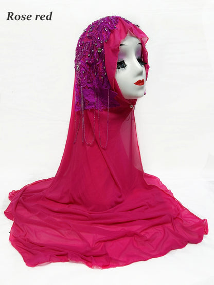 Newest Muslim Hijabs for Women Handamde Beads Shawl Headscarf Tassels Scarf Malaysia Eid Prayer Scarve Prayer Headwear for Women