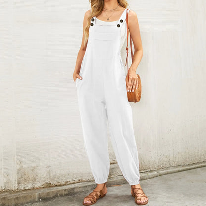 Women'S Sleeveless Overalls Jumpsuit Casual Solid Color Summer Wide Leg Bib Pants Bottons Jumpsuits Rompers With Pockets
