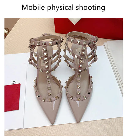 Women's Gladiator Sandals Summer 2026 Rivet High-heeled Three Straps Real Leather Ankle Luxury Brand Designer Pumps Ladies Shoes