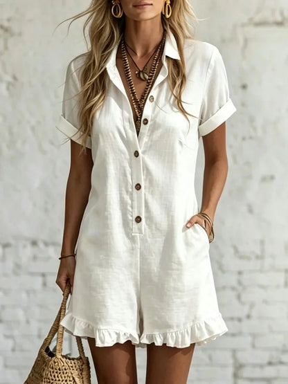 2026 New Women Lapel Short Sleeve Solid One-Piece Romper Fashion Ruffles Patchwork Loose Casual Button Pockets Shorts Jumpsuit