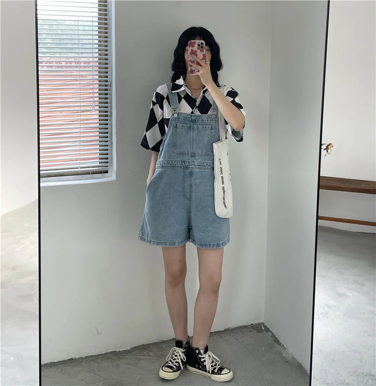 Women's Denim Overalls Short Trousers Wide Leg Loose Fit Thin Jumpsuit Korean Style for Petite Ladies Casual Clothing